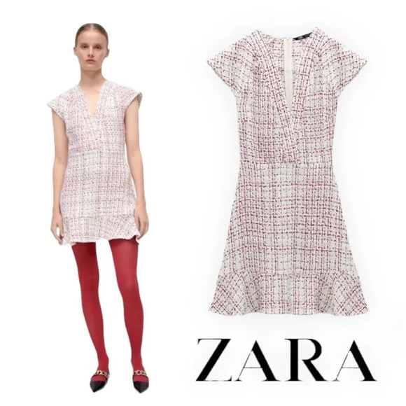 Zara Dresses & Skirts - ZARA | Pink & Cream | TEXTURED WEAVE DRESS WITH RUFFLE 8819/118